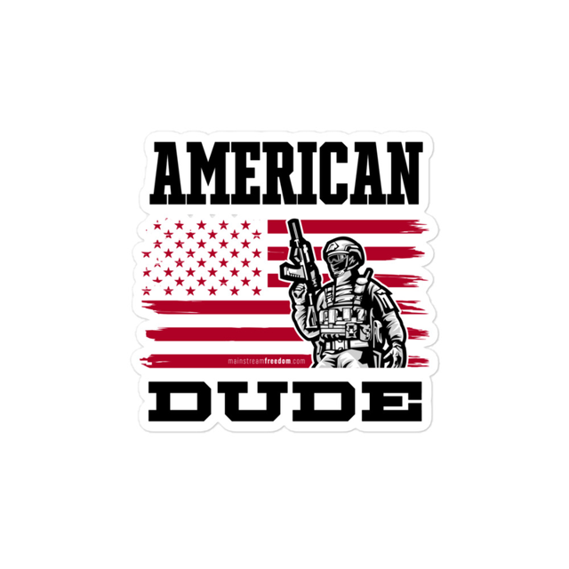 American Dude sticker in white, product mockup