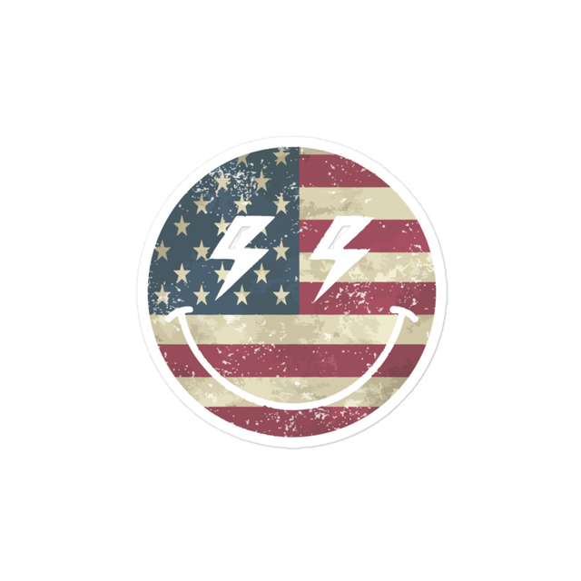 American Smiley sticker in white, product mockup