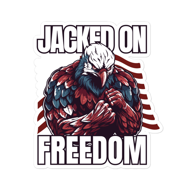 Jacked On Freedom sticker in white, product mockup
