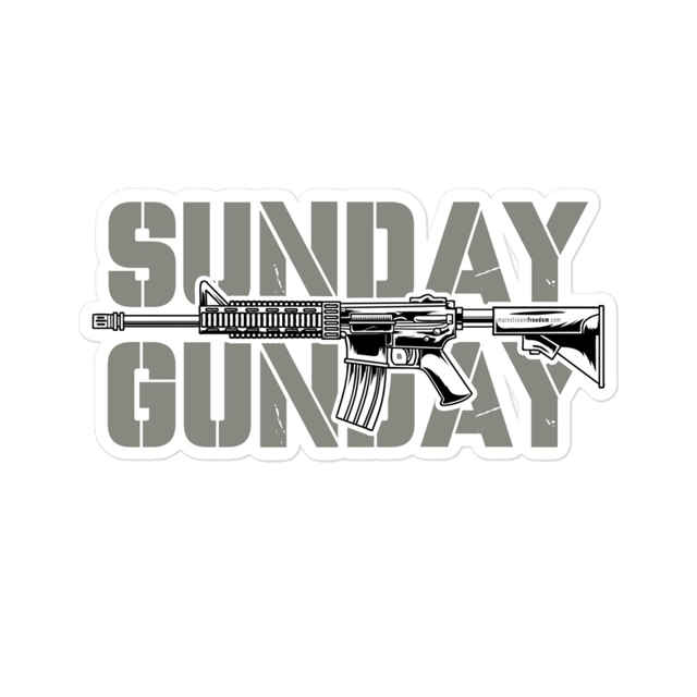 Sunday Gun Day sticker, white colorway, product mockup