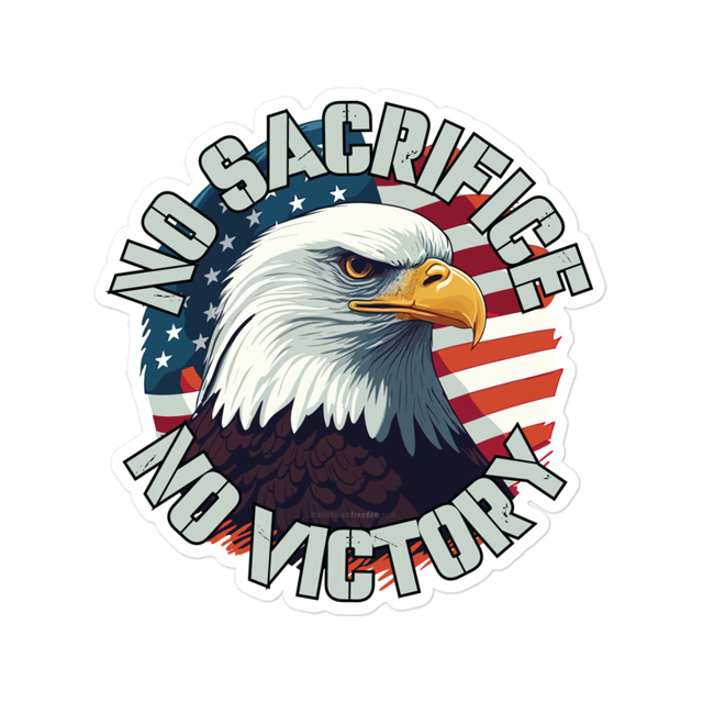 No Sacrifice No Victory sticker in white, product mockup
