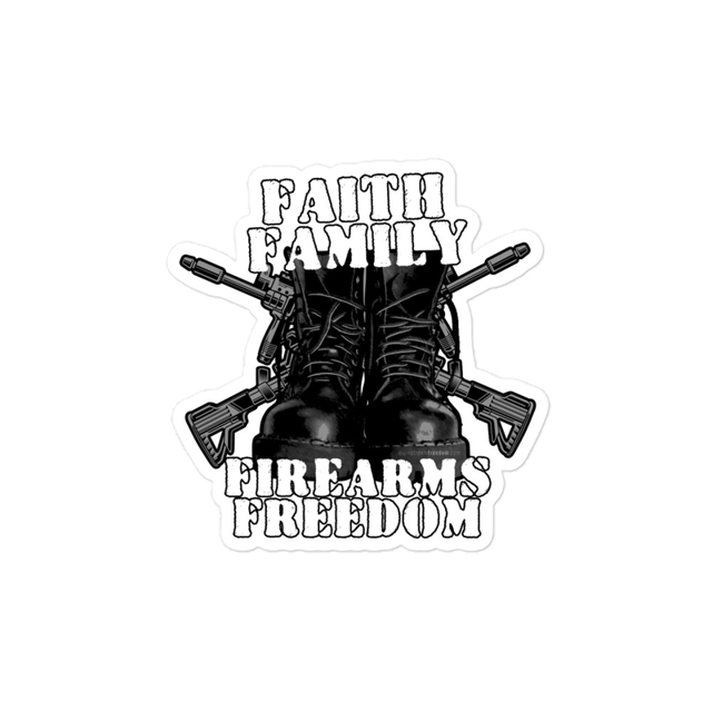 Faith Family Firearms Freedom sticker in white, product mockup