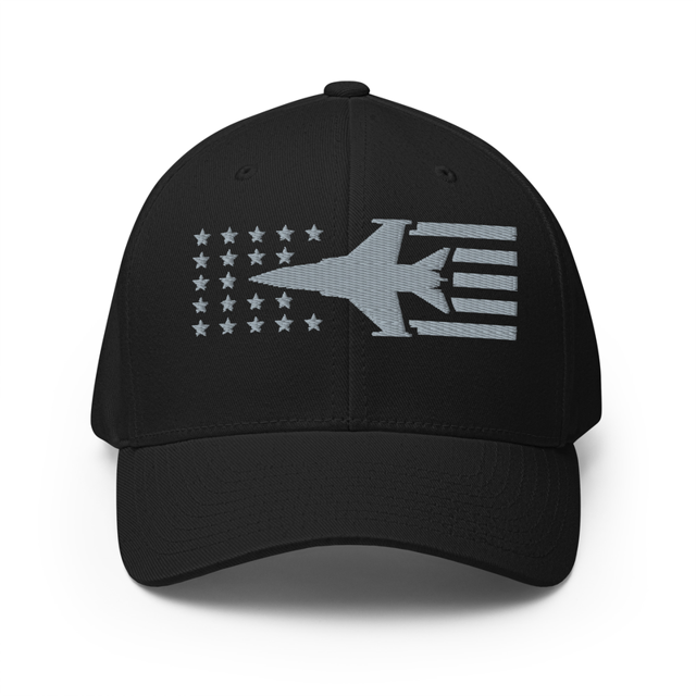 F16 Fighter Jet Stars And Stripes Embroidered Cap in black, product mockup