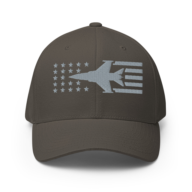 F16 Fighter Jet Stars And Stripes Embroidered Cap in dark grey, product mockup