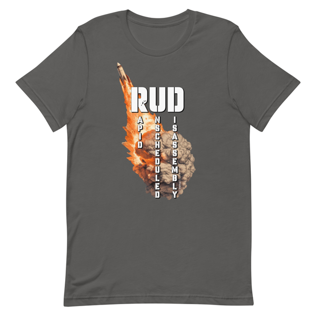 RUD Rapid Unscheduled Disassembly t-shirt in asphalt grey, product mockup