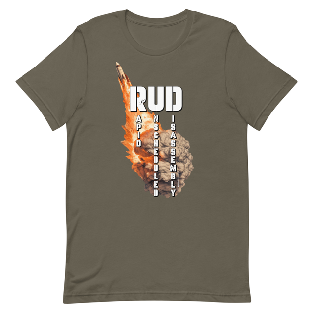 RUD Rapid Unscheduled Disassembly t-shirt in army green, product mockup