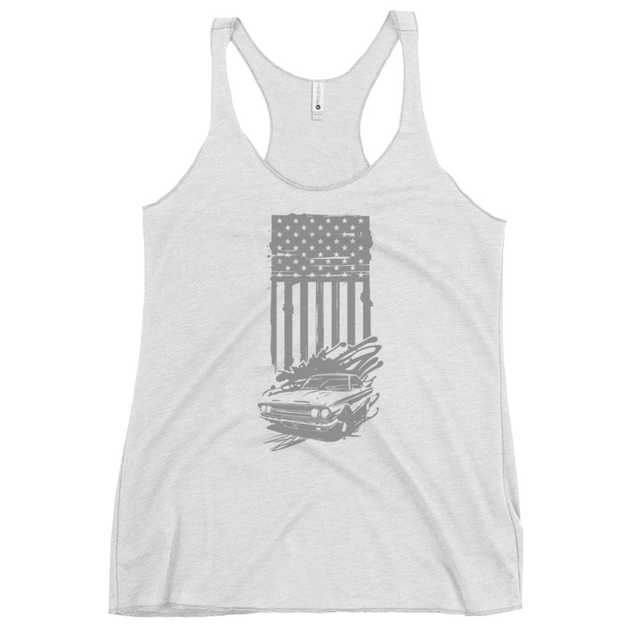 American Flag and Car Women's Tank Top in heather white, product mockup