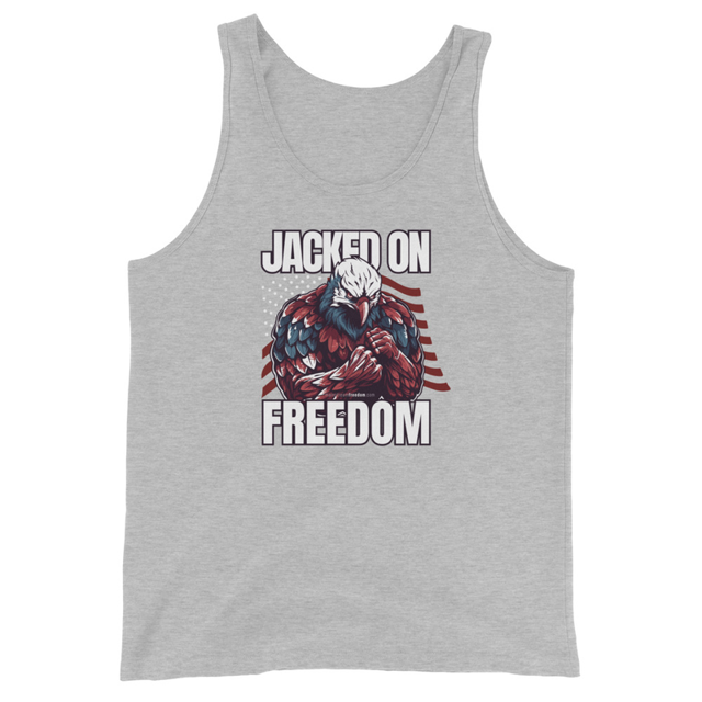 Jacked On Freedom Men's Tank Top, Athletic Heather colorway, product mockup