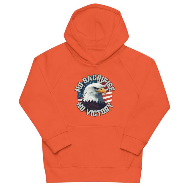 No Sacrifice No Victory Kids eco hoodie, Burnt orange colorway, product mockup