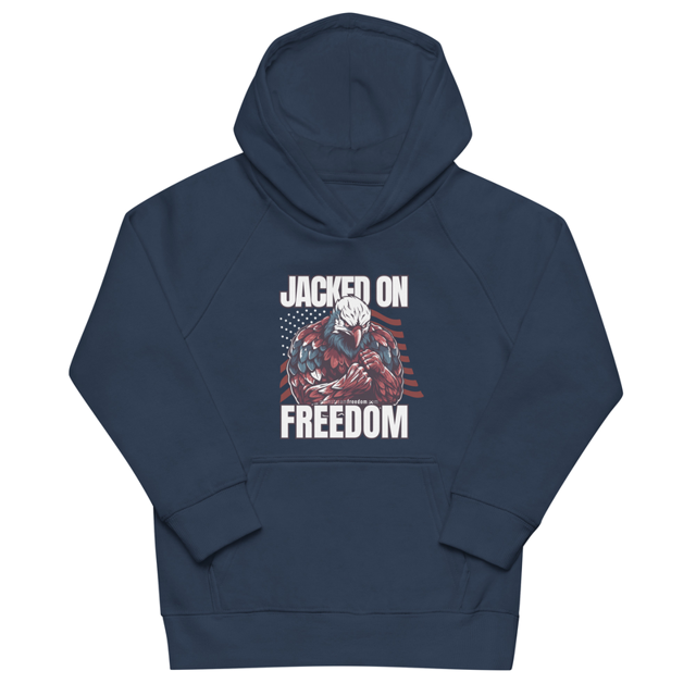 Jacked on Freedom kids hoodie in French Navy, product mockup