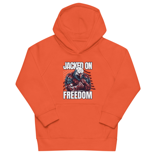 Jacked on Freedom kids hoodie in Burnt orange, product mockup
