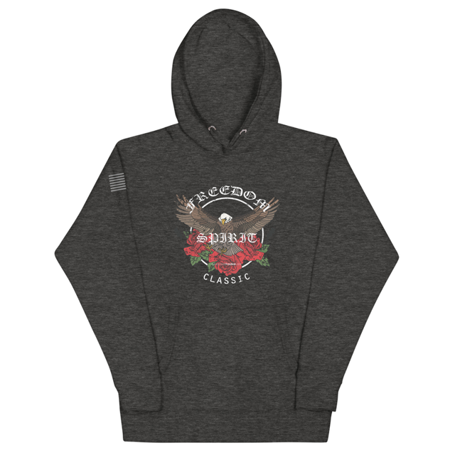 Freedom Spirit Classic Unisex Hoodie in charcoal heather, product mockup