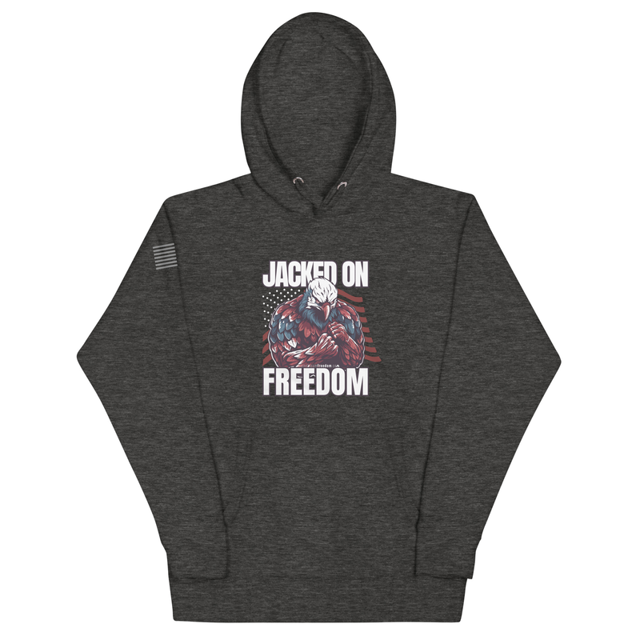 Jacked on Freedom hoodie in Charcoal Heather colorway, product mockup