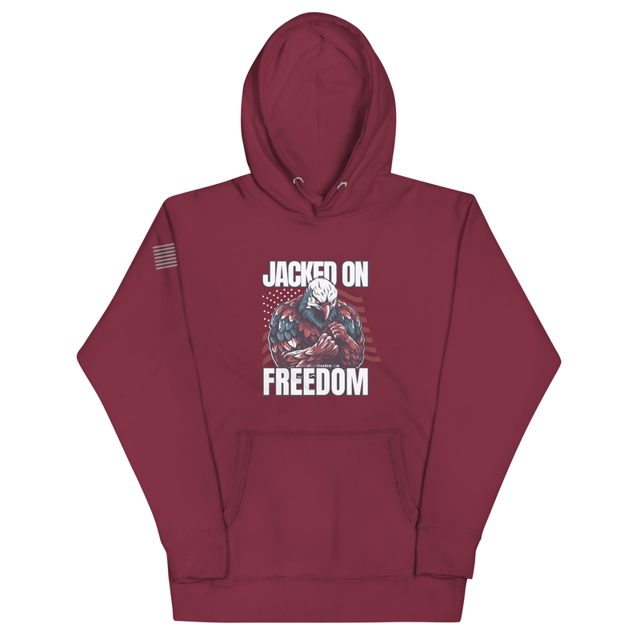 Jacked on Freedom hoodie in Maroon colorway, product mockup
