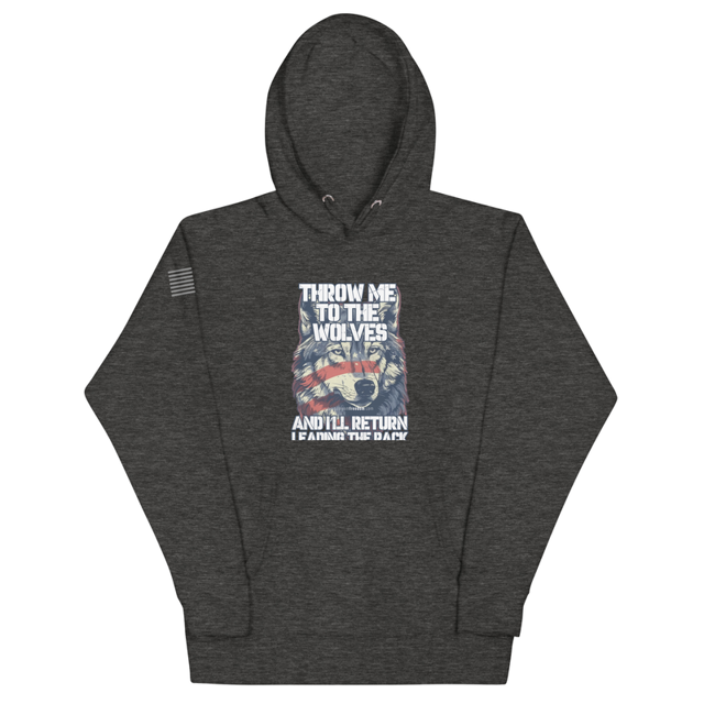 Throw Me To The Wolves hoodie in Charcoal Heather colorway, product mockup