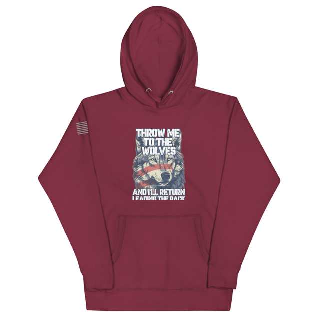 Throw Me To The Wolves hoodie in Maroon colorway, product mockup