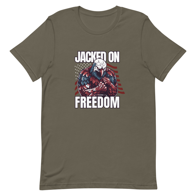 Jacked On Freedom t-shirt in army, product mockup