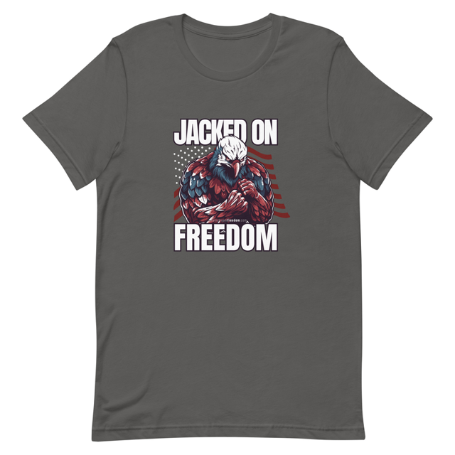 Jacked On Freedom t-shirt in asphalt, product mockup