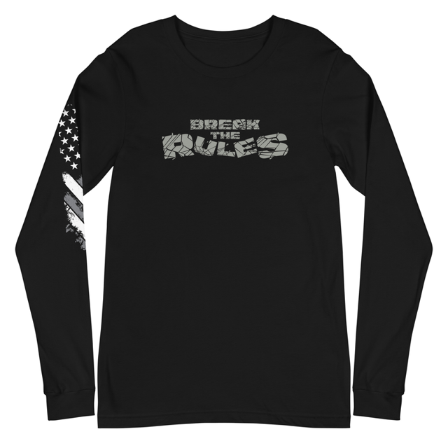 Break The Rules Unisex Long Sleeve Tee in black, product mockup