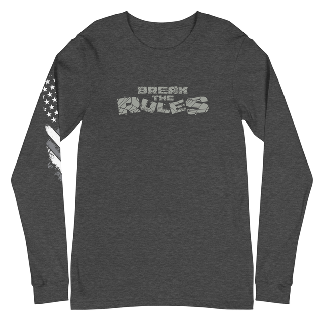 Break The Rules Unisex Long Sleeve Tee in dark grey heather, product mockup