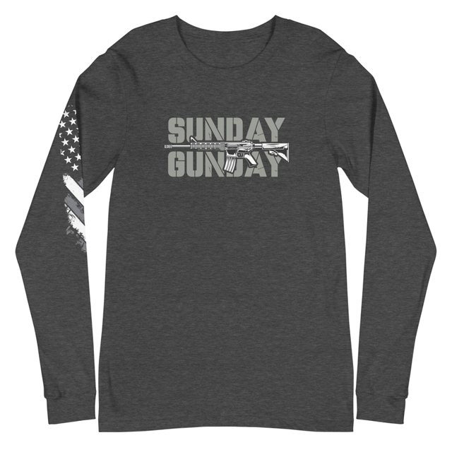 Sunday Gun Day Unisex Long Sleeve Tee in dark grey heather, product mockup