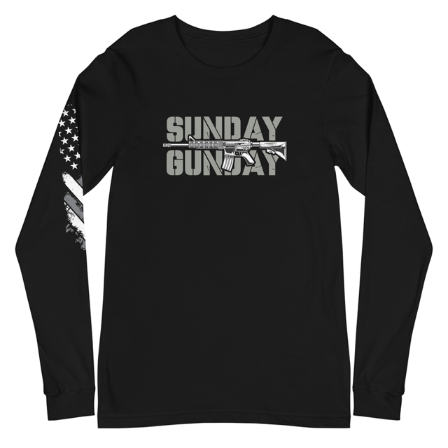 Sunday Gun Day Unisex Long Sleeve Tee in black, product mockup