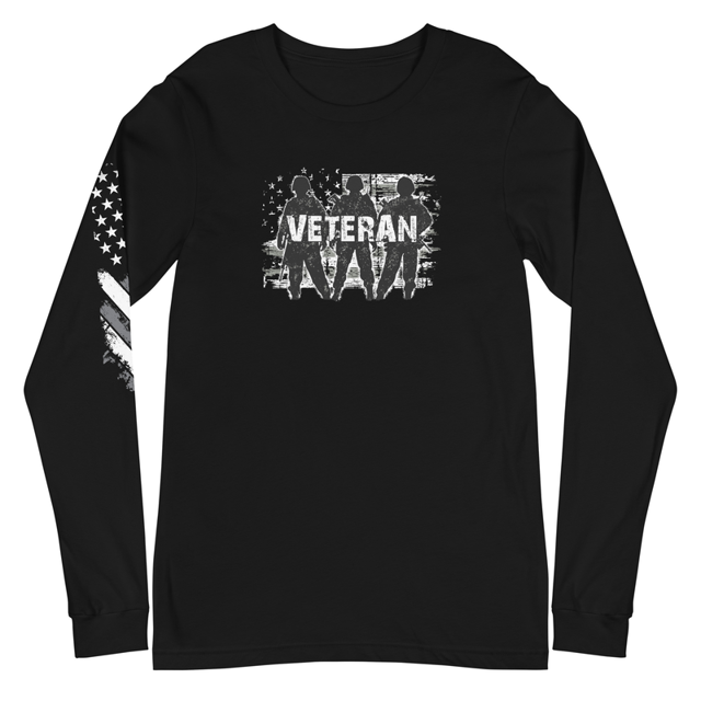 Veteran Army Silhouette Unisex Long Sleeve Tee in black, product mockup