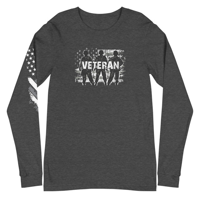 Veteran Army Silhouette Unisex Long Sleeve Tee in dark grey heather, product mockup