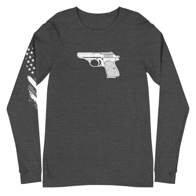 Hand Gun Unisex Long Sleeve Tee in Dark Grey Heather, product mockup