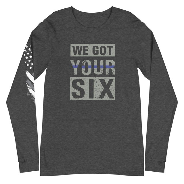 We Got Your Six Unisex Long Sleeve Tee in dark grey heather, product mockup