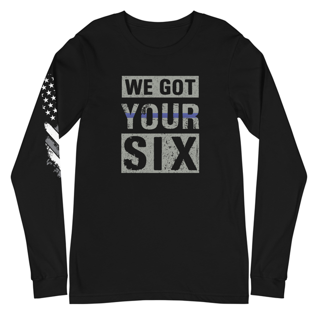 We Got Your Six Unisex Long Sleeve Tee in black, product mockup