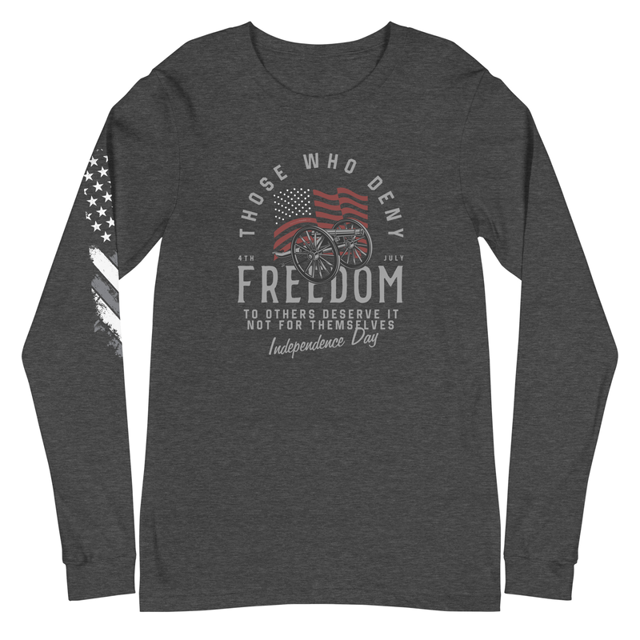 Those Who Deny Freedom To Others, Deserve It Not For Themselves Unisex Long Sleeve Tee in dark grey heather, product mockup