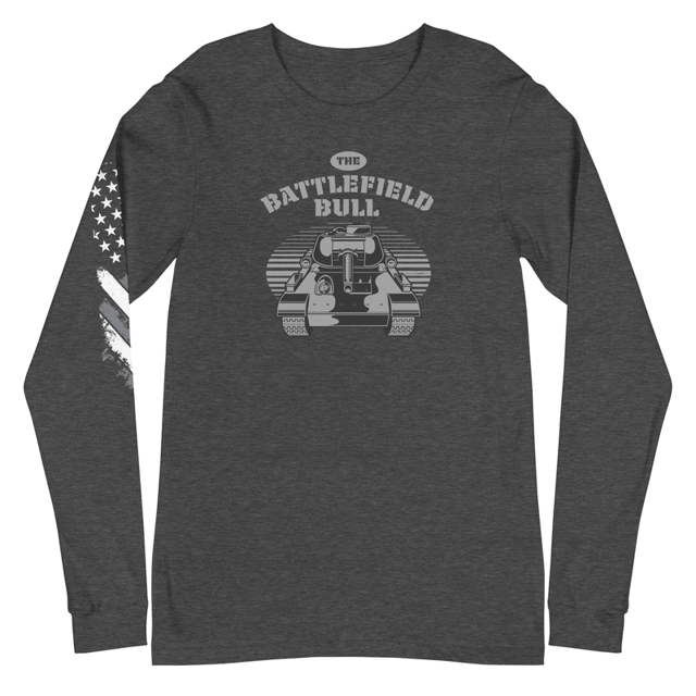 The Battlefield Bull Unisex Long Sleeve Tee in Dark Grey Heather, product mockup