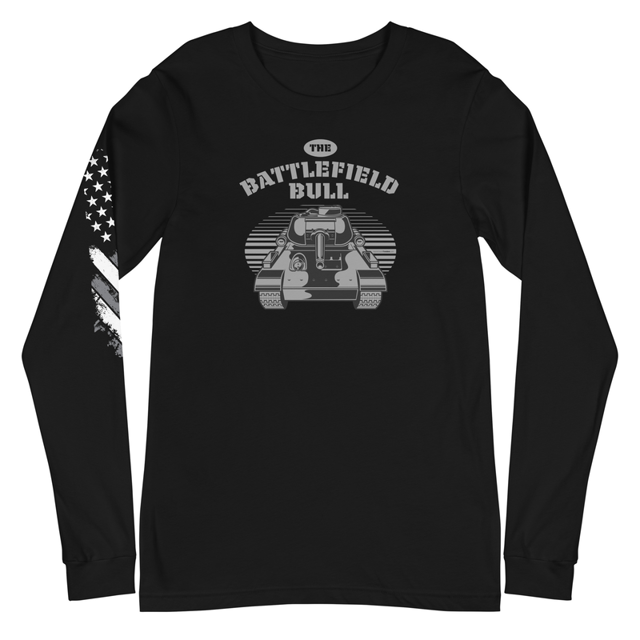 The Battlefield Bull Unisex Long Sleeve Tee in Black, product mockup