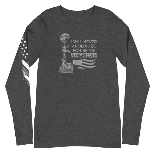 I Will Never Apologize For Being American Unisex Long Sleeve Tee in Dark Grey Heather, product mockup