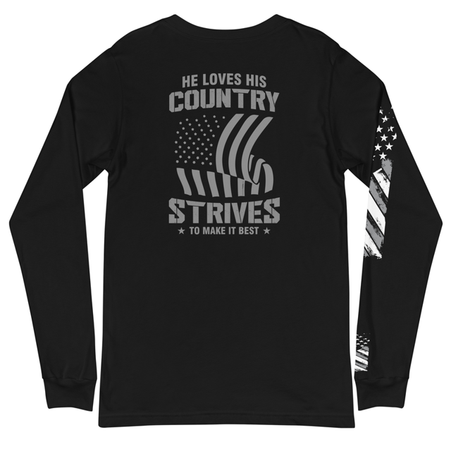 He Loves His Country Strives To Make It Best Unisex Long Sleeve Tee (Back Design) in Black, product mockup