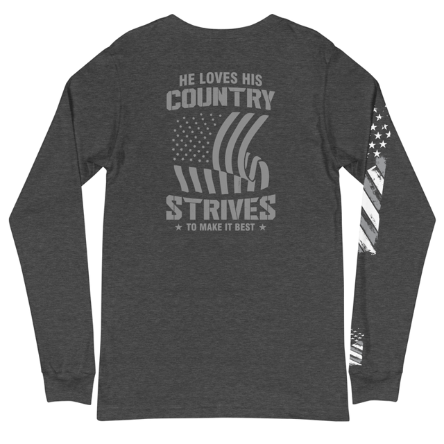 He Loves His Country Strives To Make It Best Unisex Long Sleeve Tee (Back Design) in Dark Grey Heather, product mockup