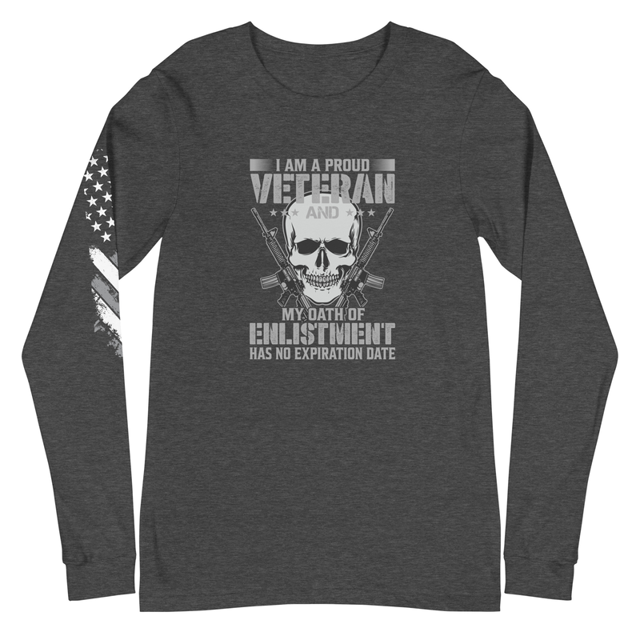 I Am A Proud Veteran long sleeve tee in Dark Grey Heather, product mockup