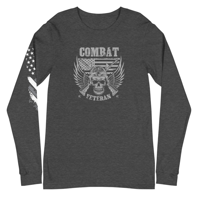 Combat Veteran long sleeve tee in Dark Grey Heather, product mockup