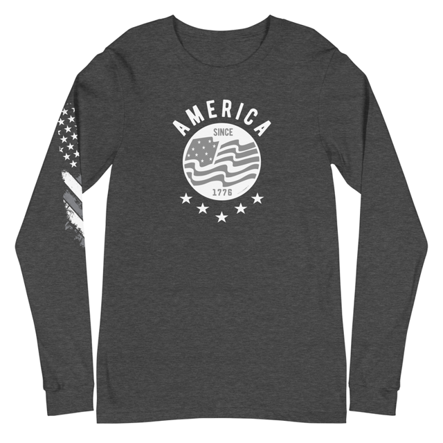 America Since 1776 Unisex Long Sleeve Tee in Dark Grey Heather, product mockup