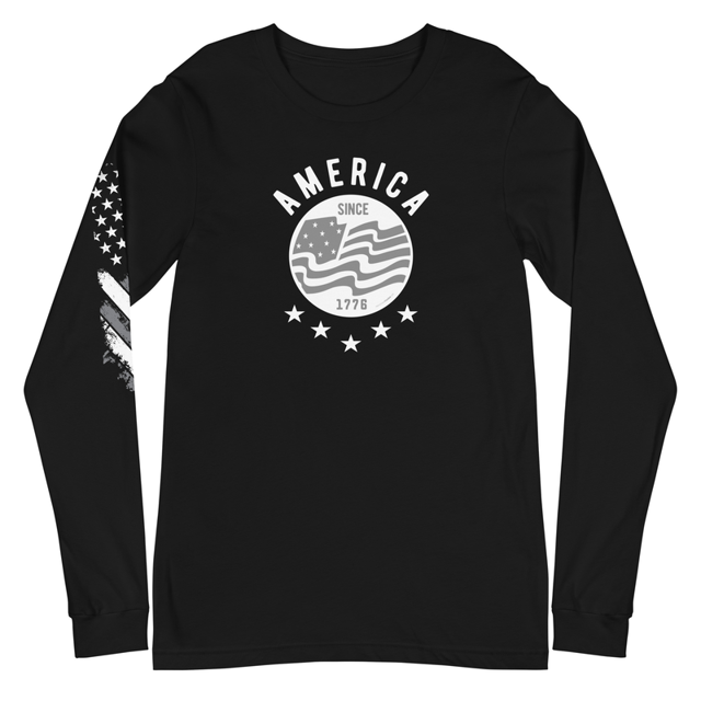 America Since 1776 Unisex Long Sleeve Tee in Black, product mockup