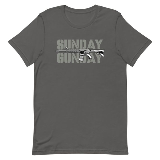 Sunday Gun Day t-shirt in Asphalt, product mockup