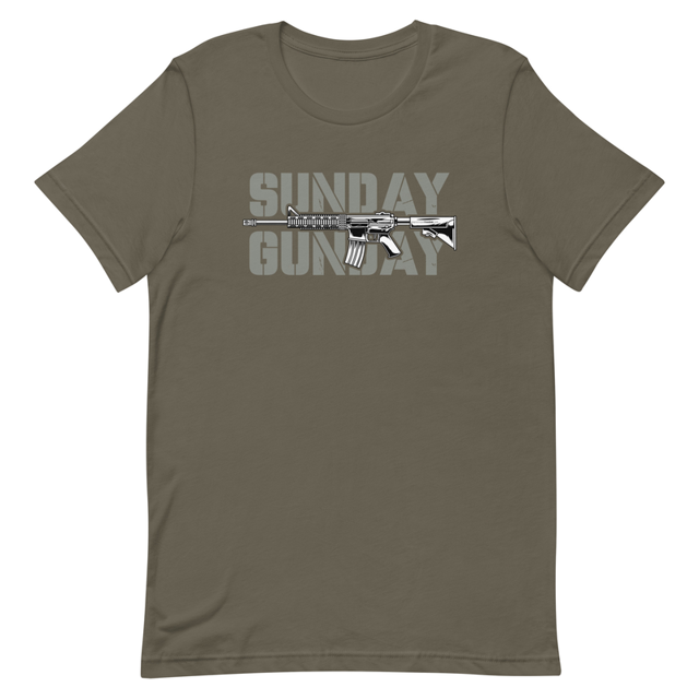 Sunday Gun Day t-shirt in Army, product mockup