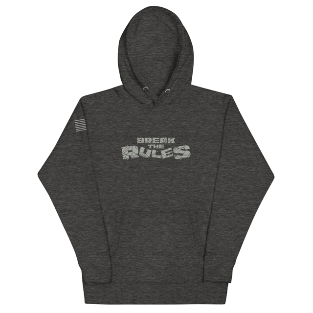 Break The Rules hoodie in Charcoal Heather, product mockup
