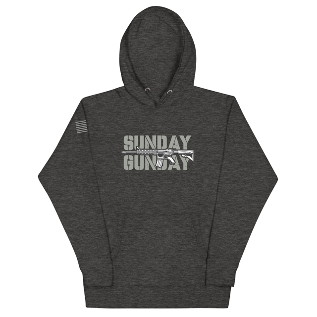 Sunday Gun Day hoodie in Charcoal Heather, product mockup