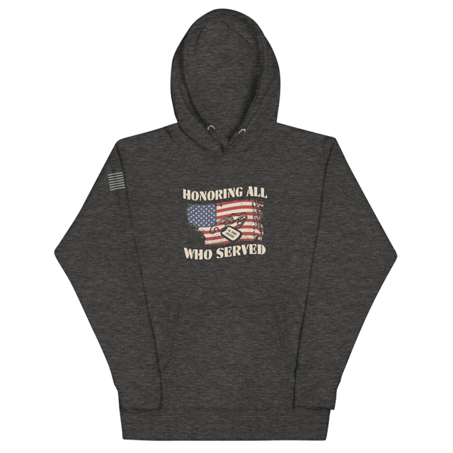Honoring All Who Served hoodie in Charcoal Heather, product mockup
