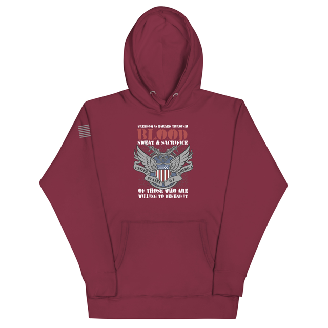 Freedom is Earned Through Blood Sweat and Sacrifice hoodie in Maroon, product mockup
