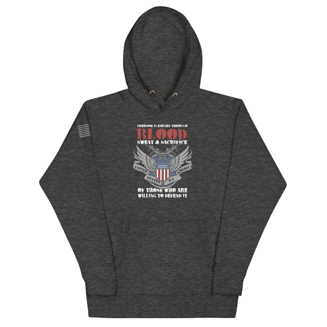 Freedom is Earned Through Blood Sweat and Sacrifice hoodie in Charcoal Heather, product mockup
