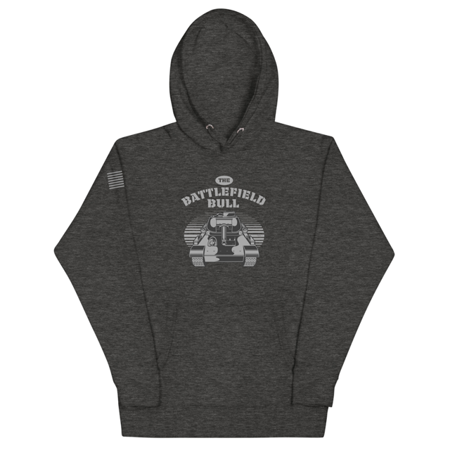 The Battlefield Bull hoodie in Charcoal Heather, product mockup