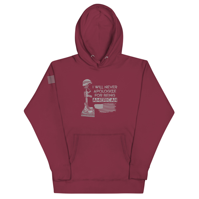 I Will Never Apologize For Being American hoodie in Maroon, product mockup